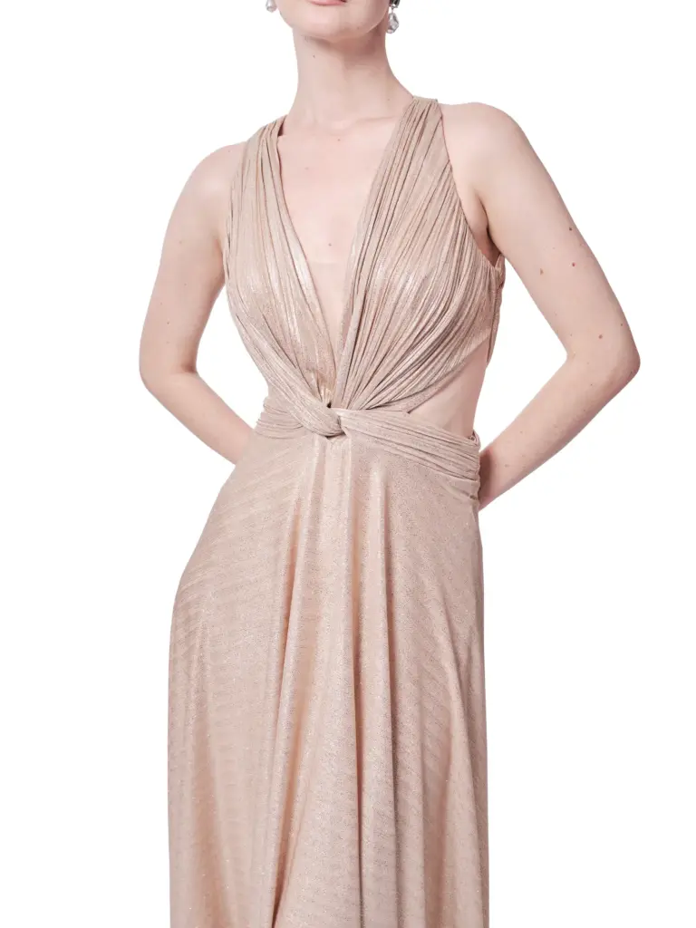 Long evening dress deep V-neck train cutout