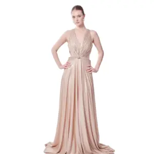 Long evening gown deep V-neck with side cutout and train
