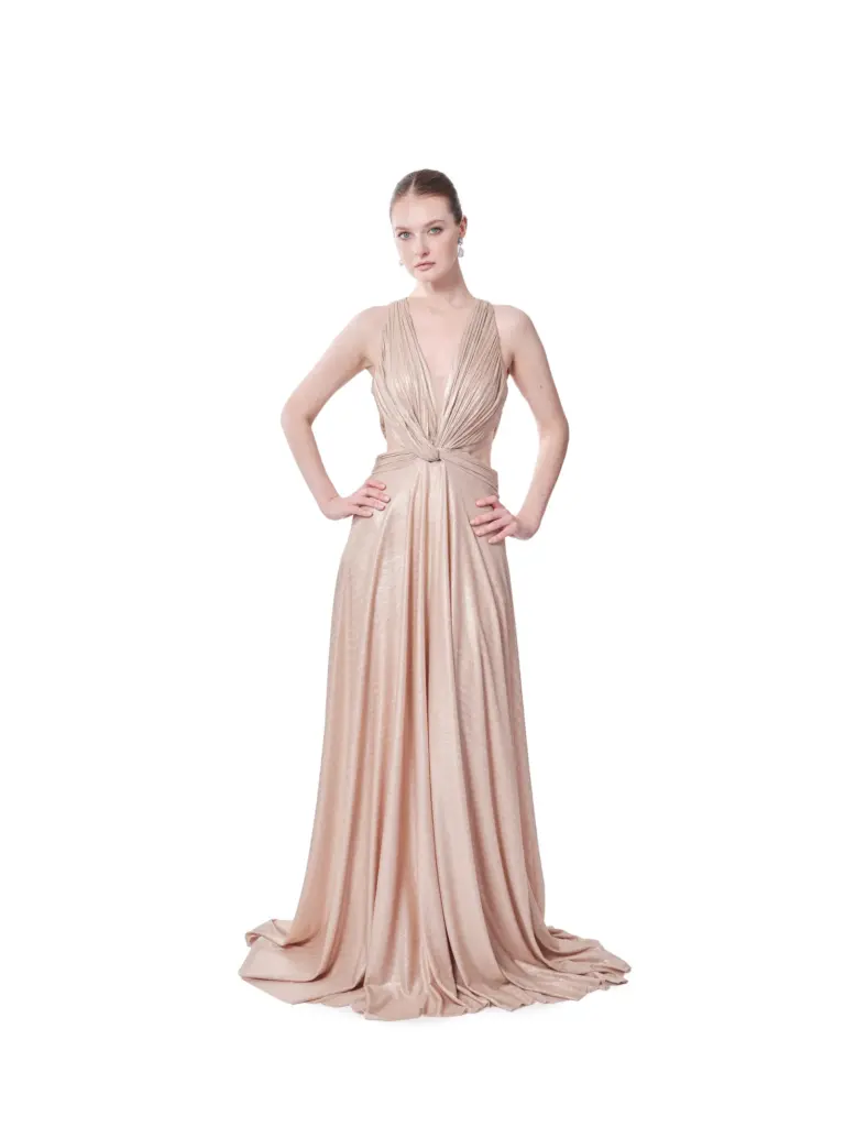 Long evening gown deep V-neck with side cutout and train