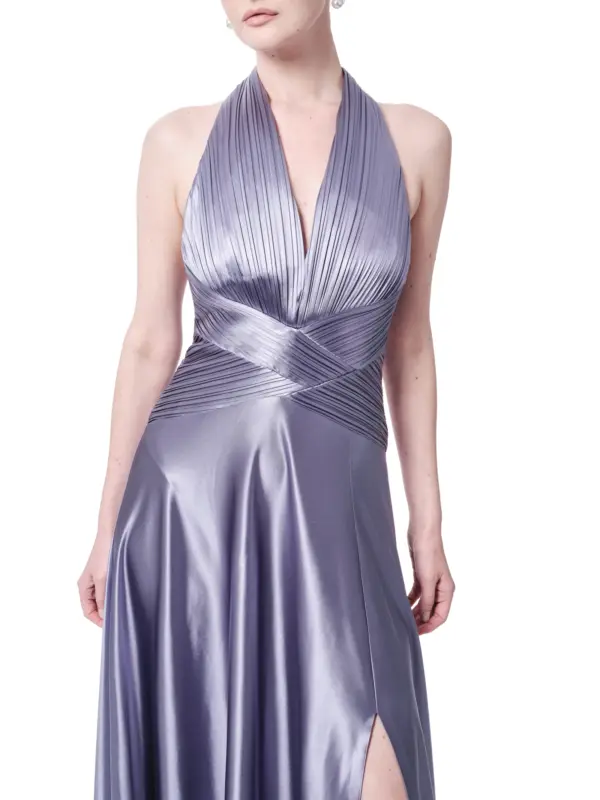Long evening gown metallic halter neck