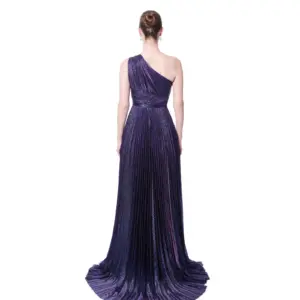 Long evening gown one shoulder glitter slit