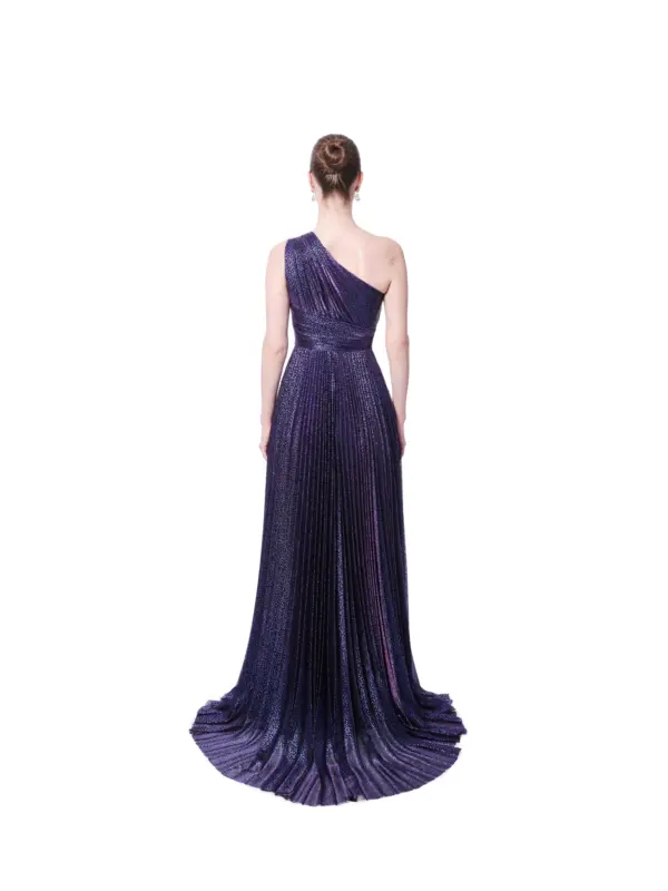 Long evening gown one shoulder glitter slit