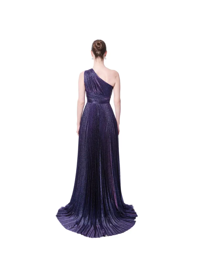 Long evening gown one shoulder glitter slit