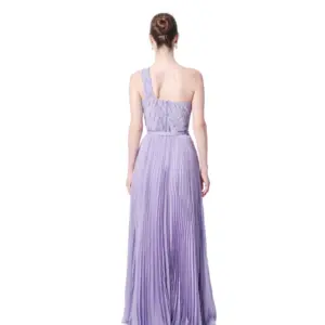 Long evening gown one shoulder pleated beaded