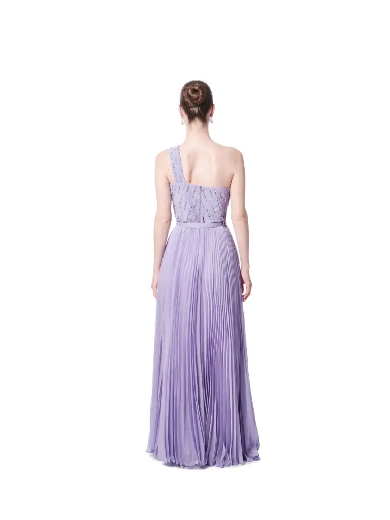 Long evening gown one shoulder pleated beaded