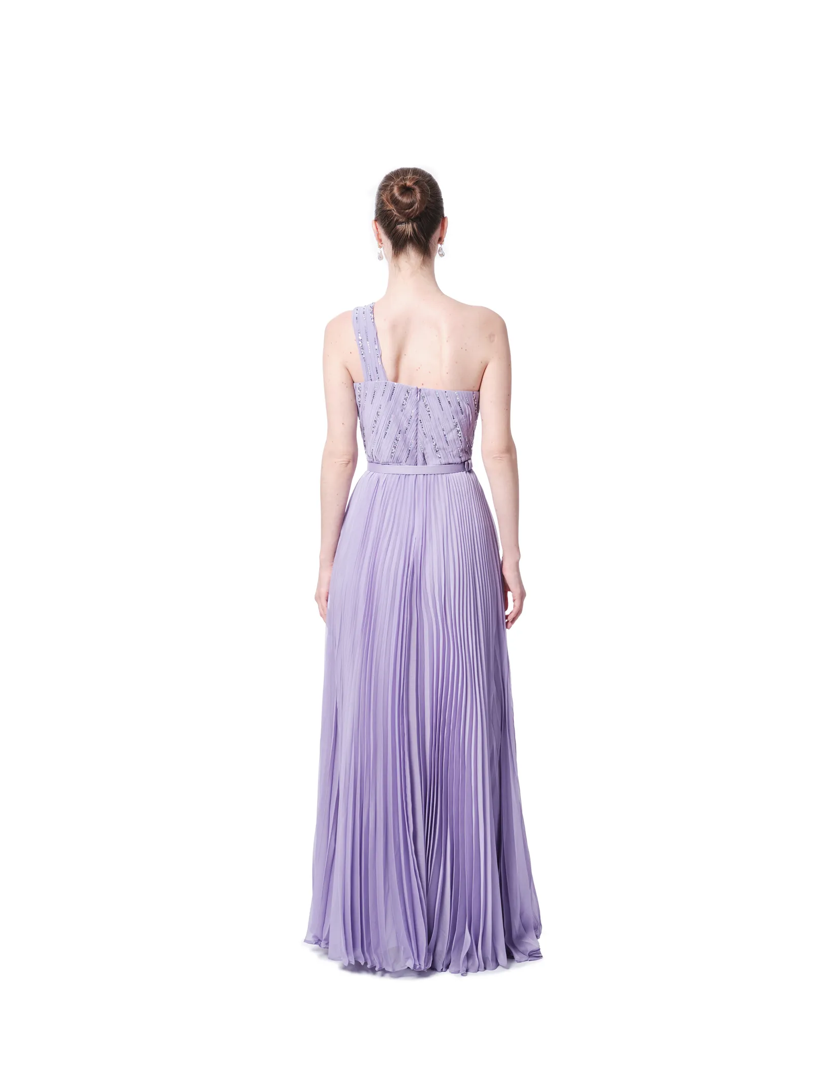 Long evening gown one shoulder pleated beaded