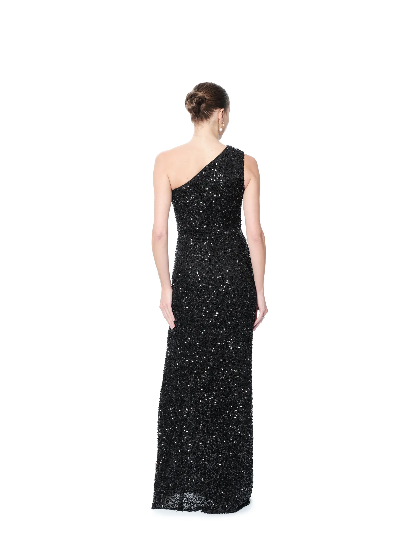 Long evening gown one shoulder sequin slit
