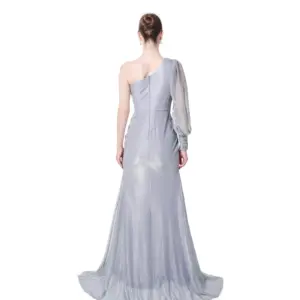 Long evening gown one shoulder shimmer slit