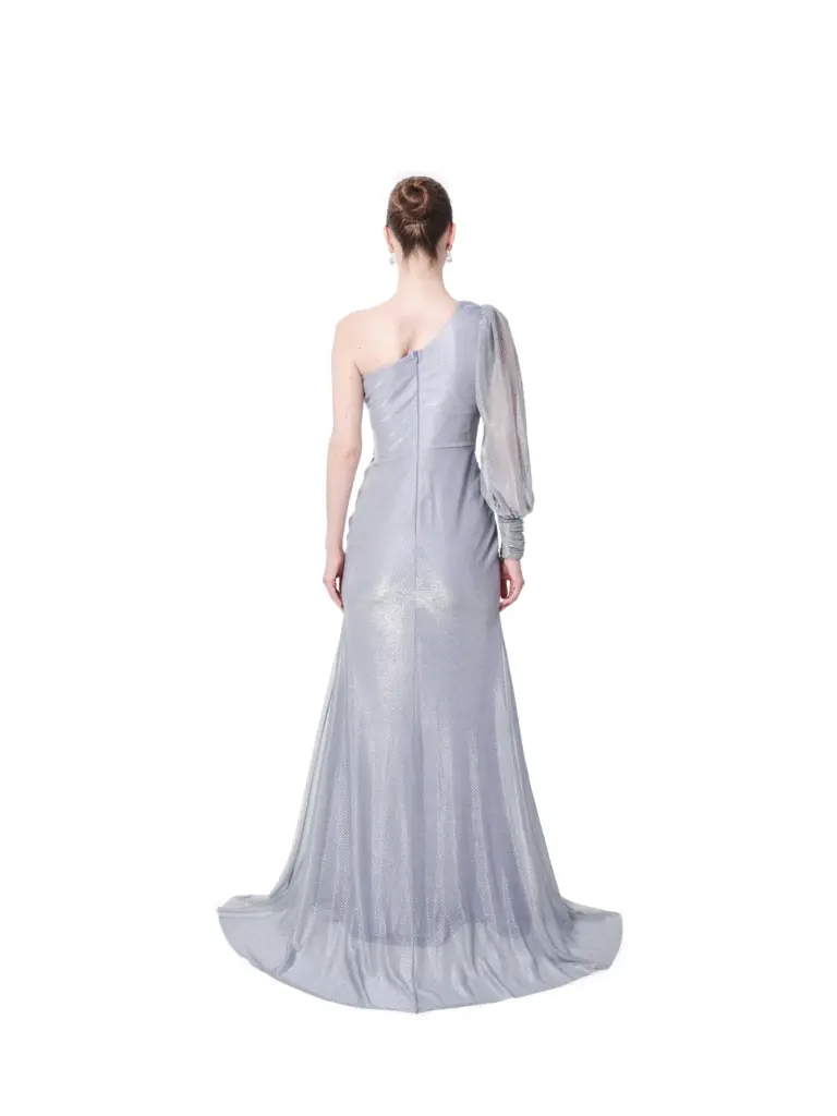 Long evening gown one shoulder shimmer slit
