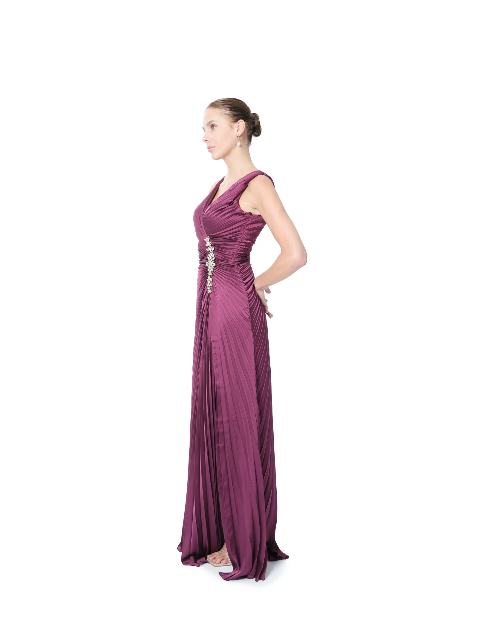 Long evening gown pleated crystal detail