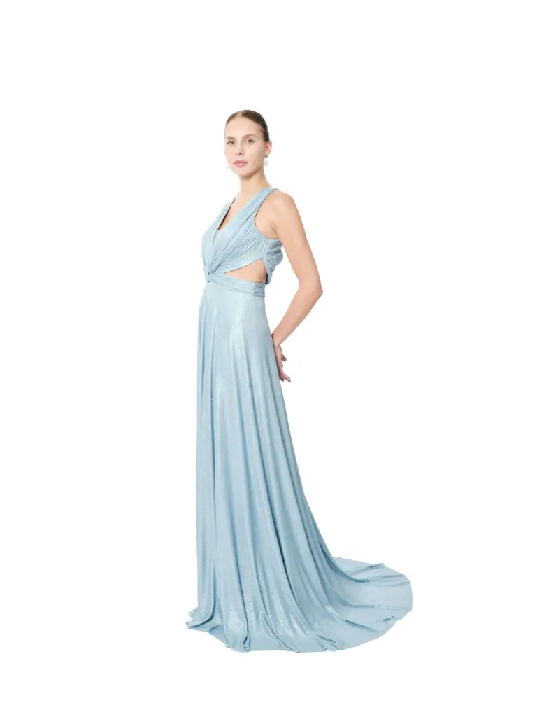 Long formal gown V-neck cutout train back