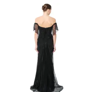 Long pleated dress off shoulder sheer