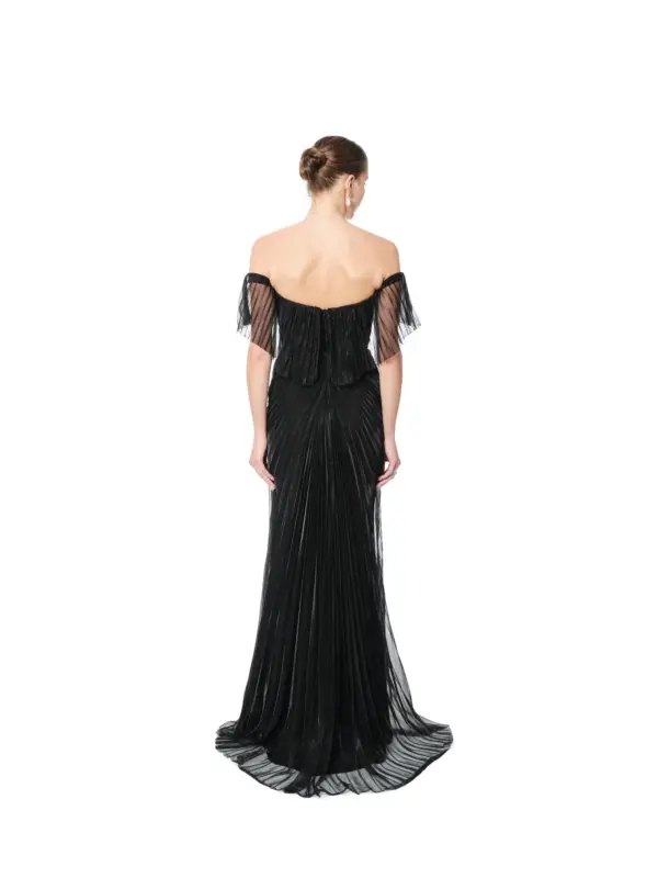 Long pleated dress off shoulder sheer