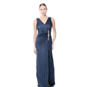 Long pleated evening dress crystal waist back