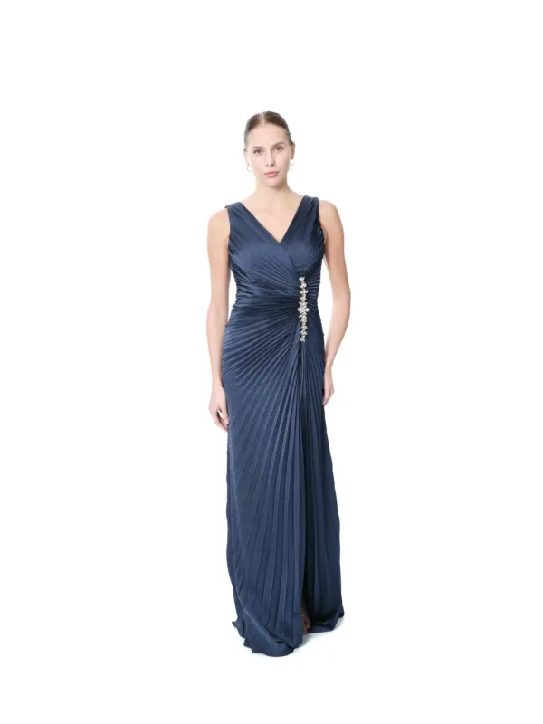 Long pleated evening dress crystal waist back