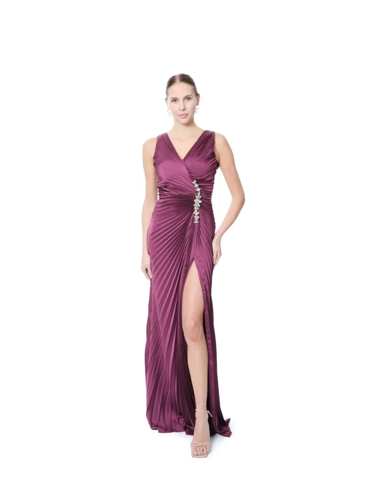 Long pleated evening dress with crystal waist detail