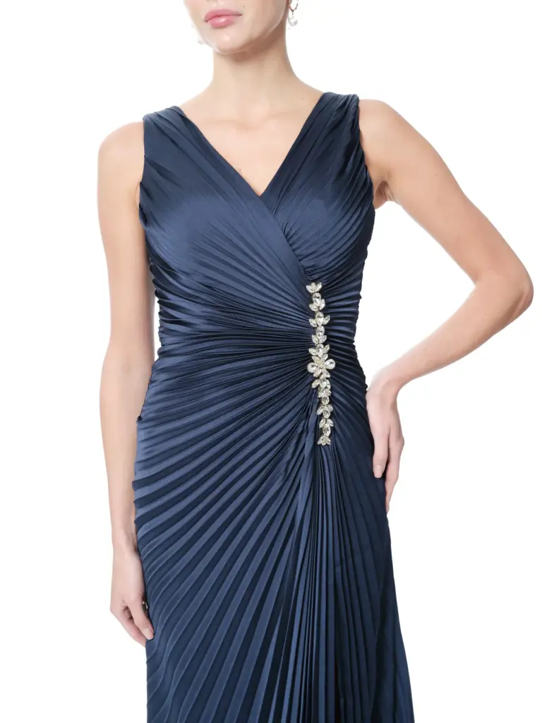 Long pleated gown crystal waist detail