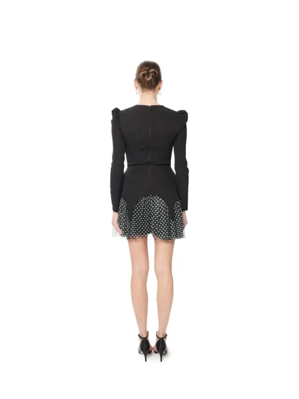 Long sleeve cocktail dress polka dot puff shoulder