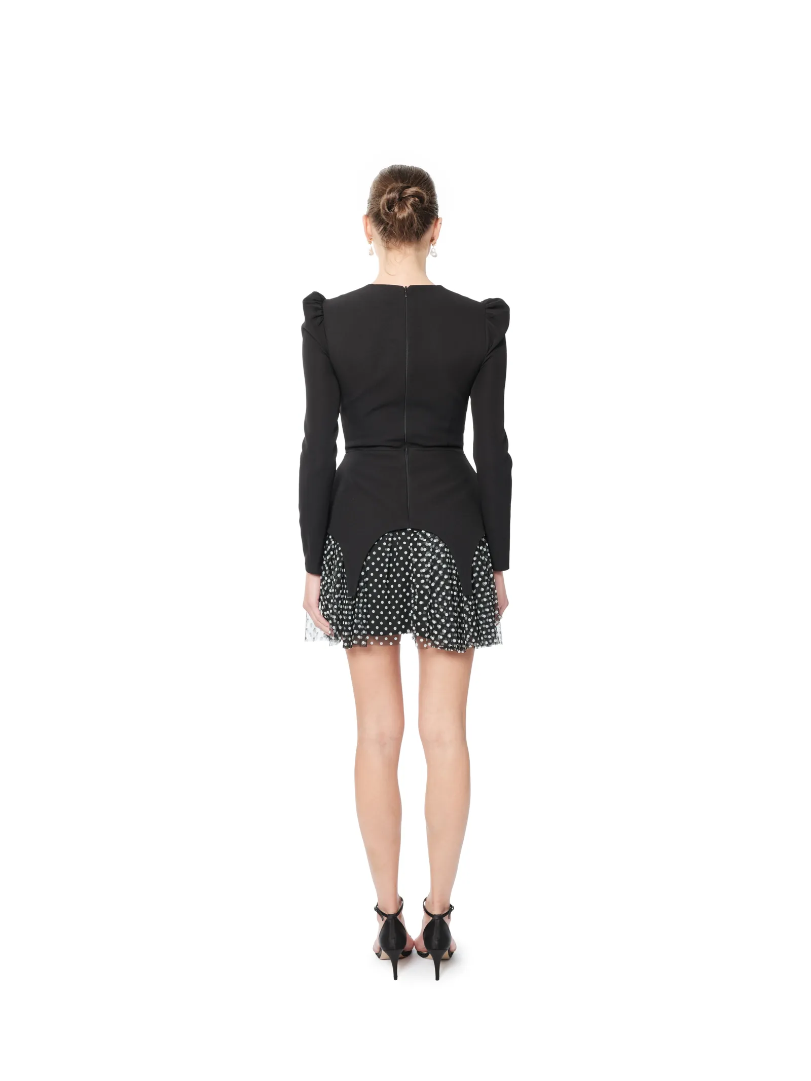 Long sleeve cocktail dress polka dot puff shoulder