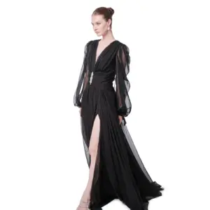 Long sleeve evening dress sheer V-neck crystal