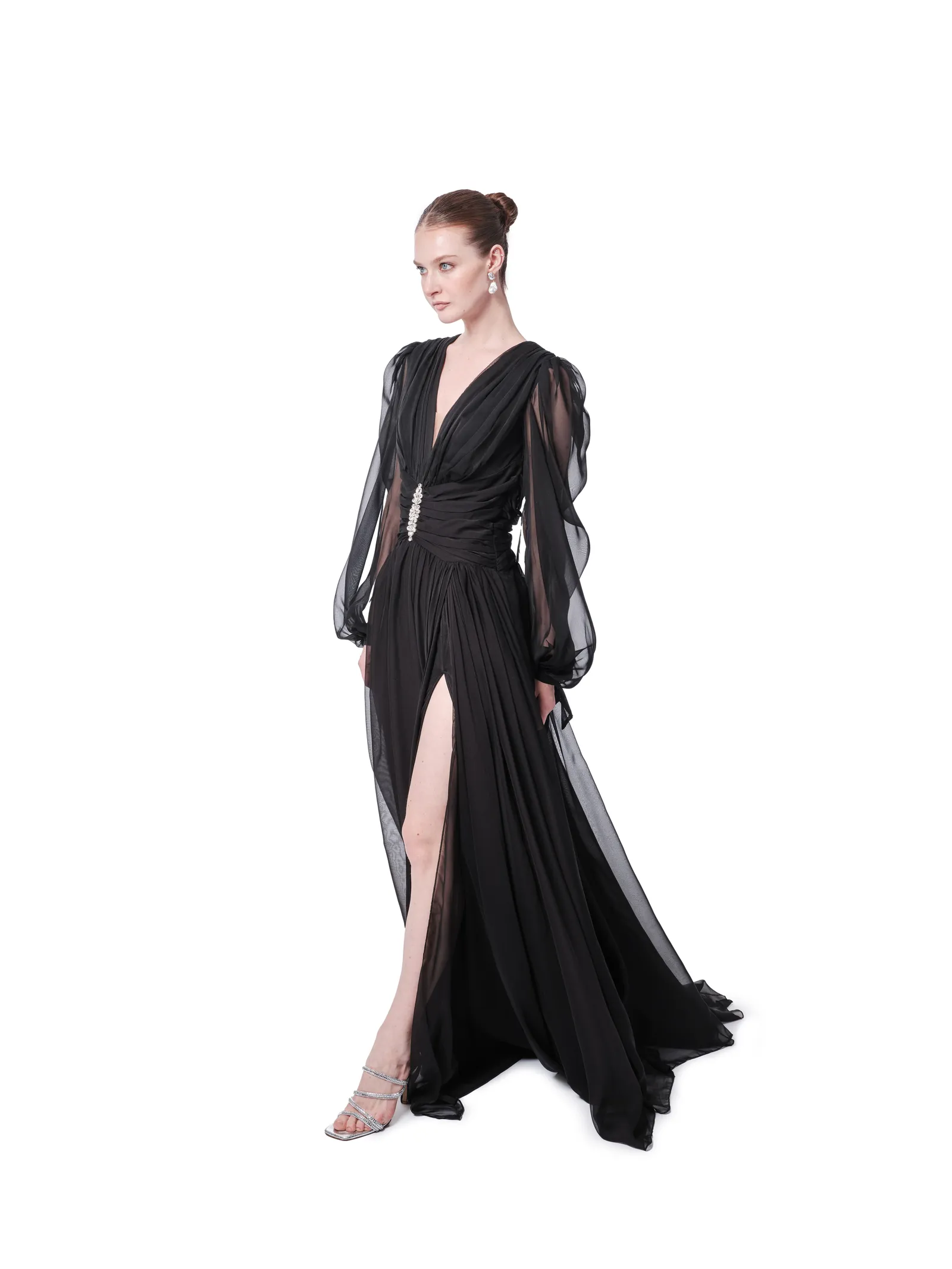 Long sleeve evening dress sheer V-neck crystal