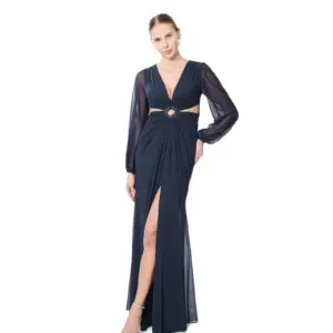 Long sleeve evening gown sheer with beaded cutout and V-neck