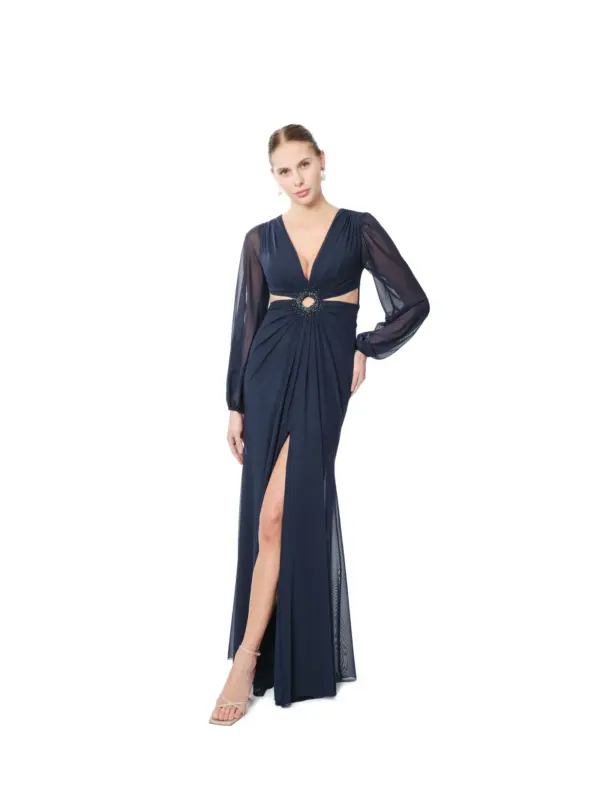 Navy Evening Gown Sheer Beaded Cutout High Slit