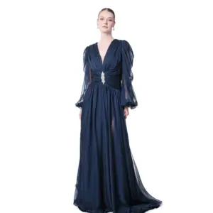 Long sleeve evening gown sheer crystal side