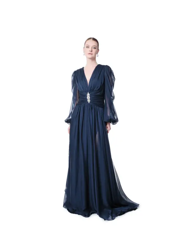 Long sleeve evening gown sheer crystal side