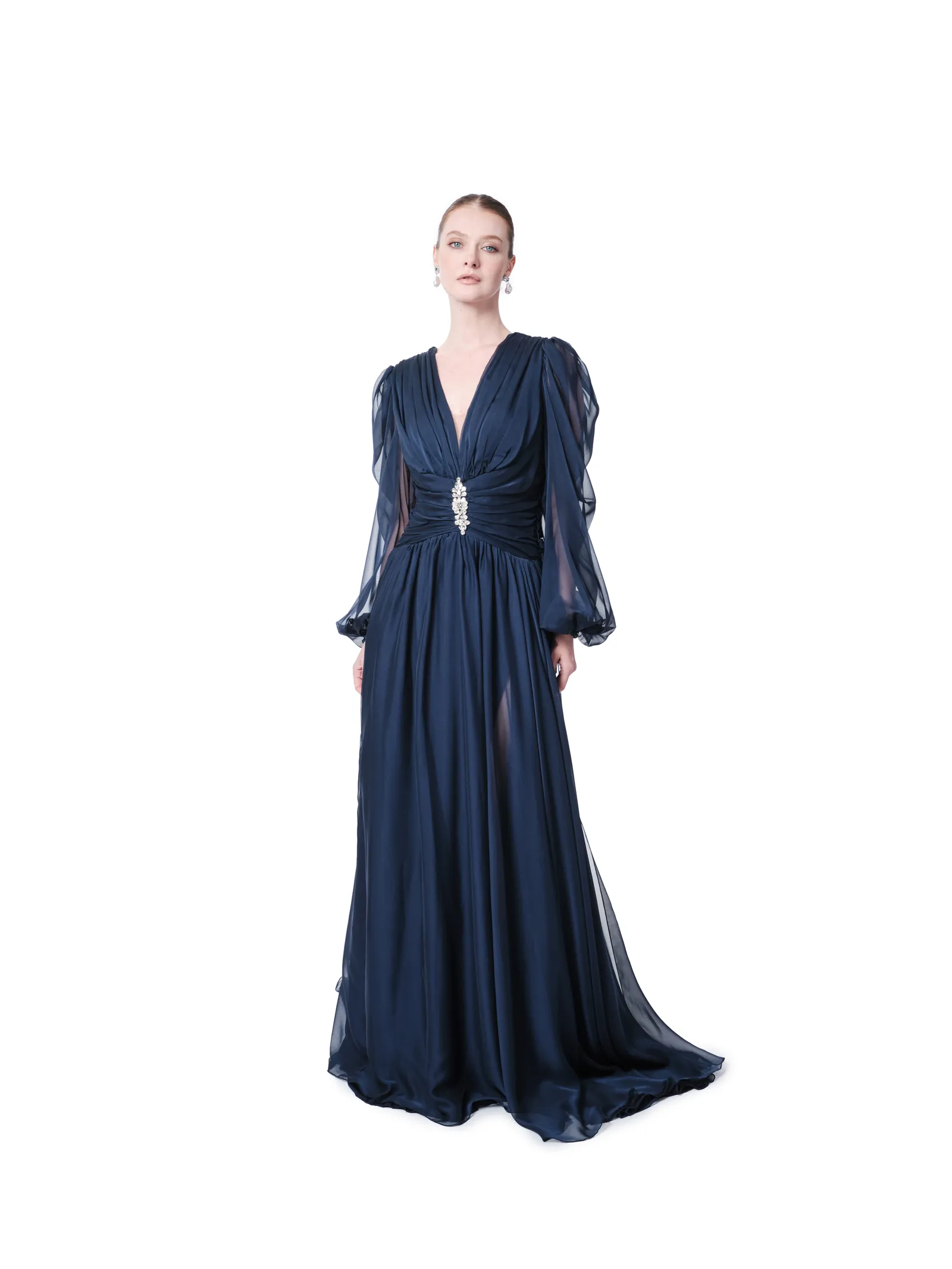 Long sleeve evening gown sheer crystal side
