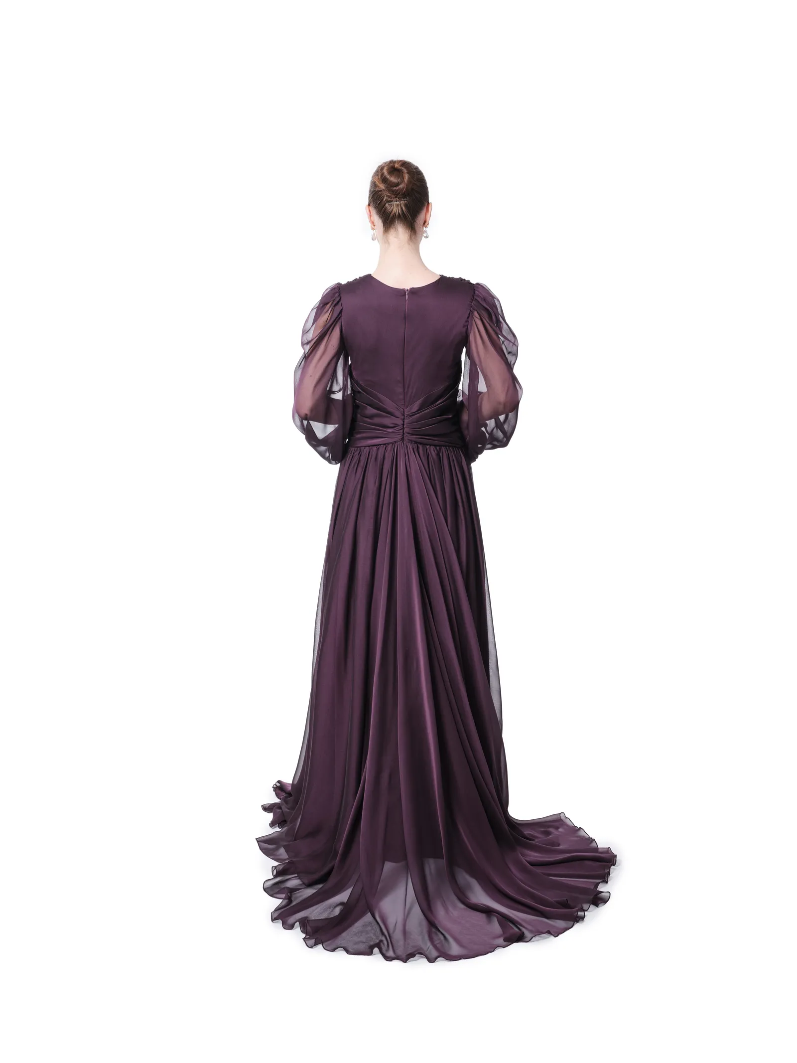 Long sleeve evening gown sheer waist detail