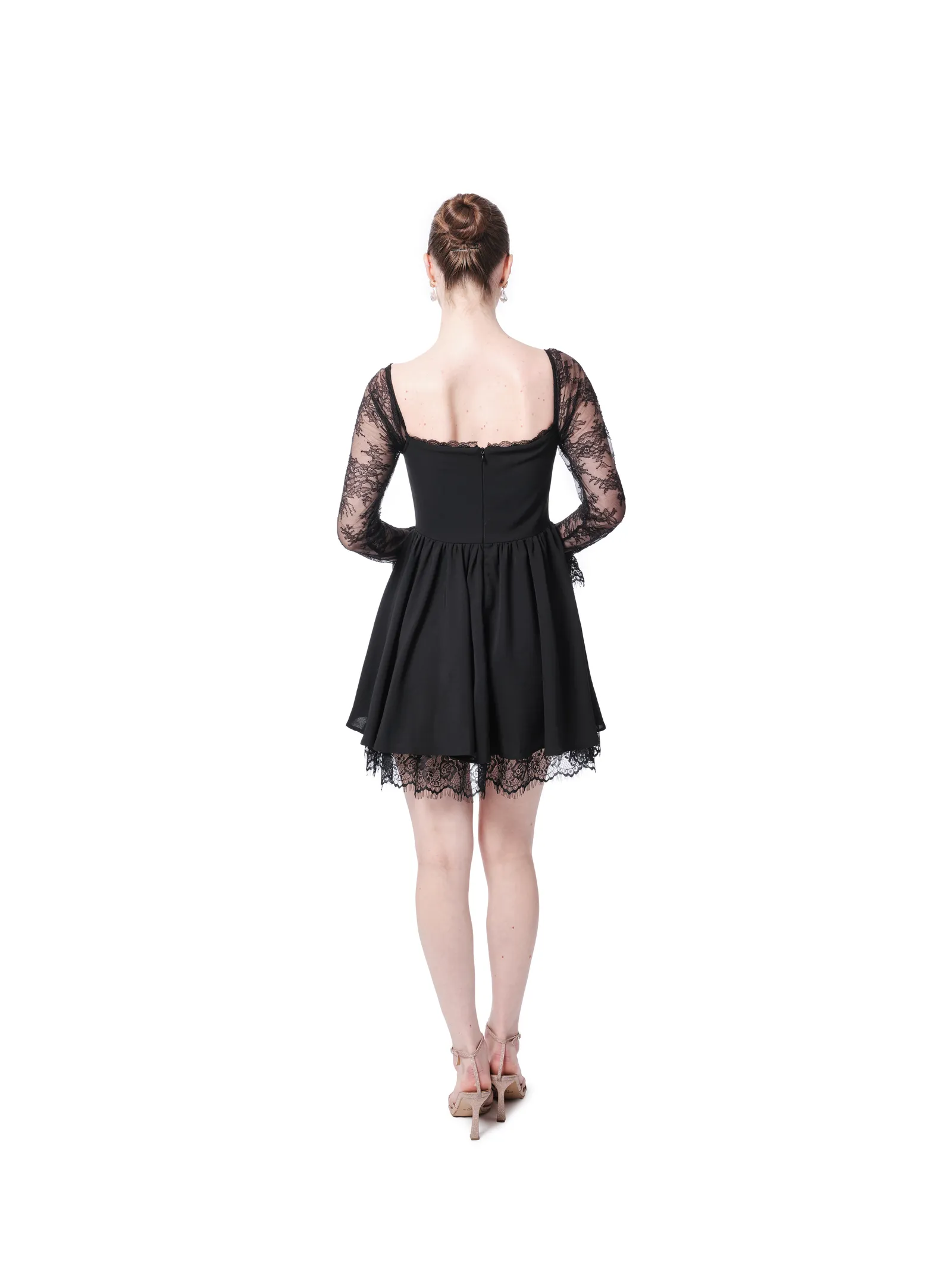 Long sleeve formal dress lace pleated cocktail