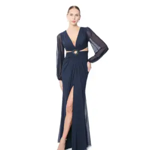 Long sleeve formal dress sheer beaded V-neck