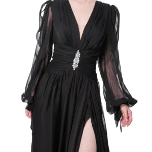 Long sleeve formal dress sheer crystal slit