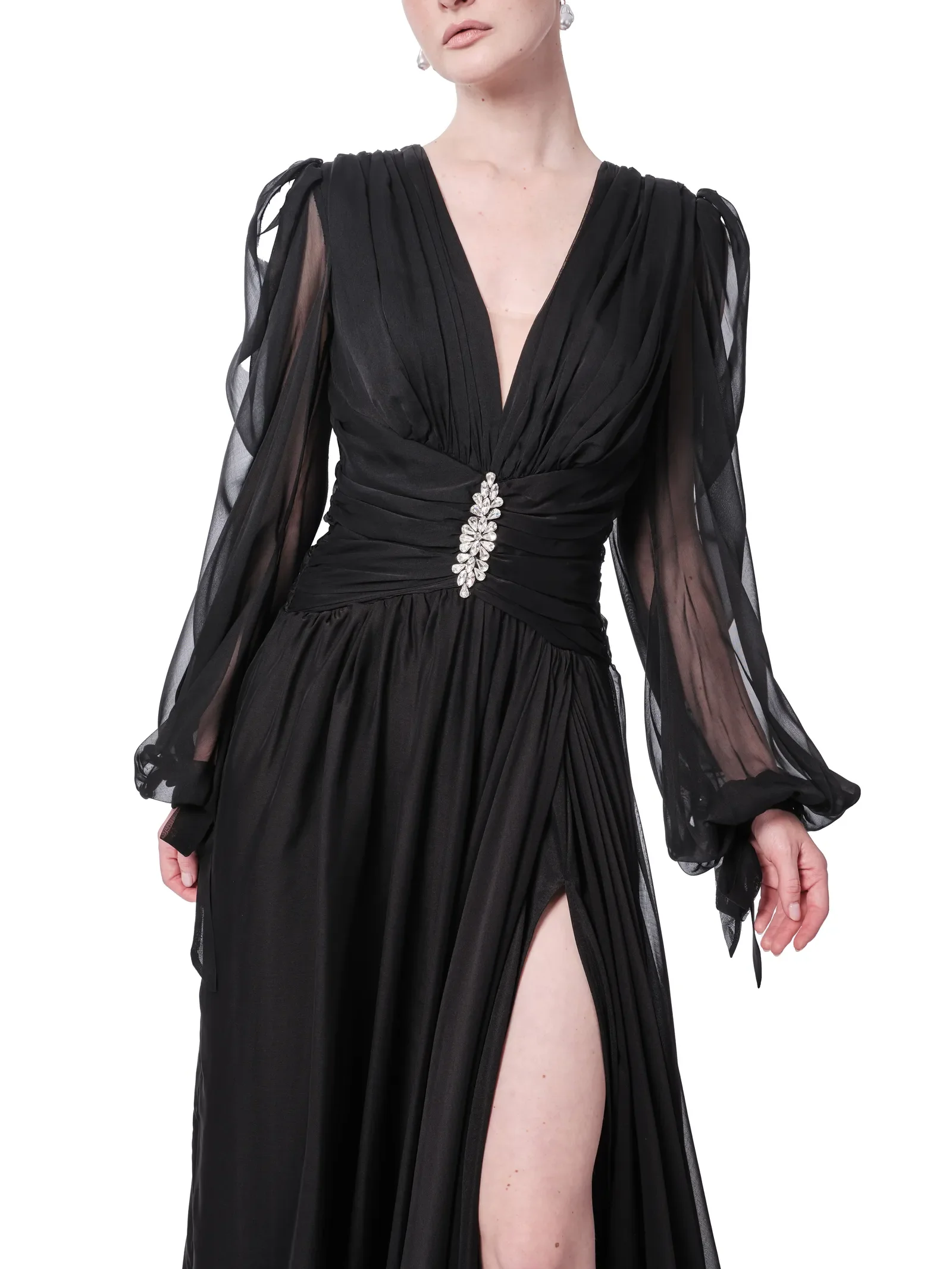 Long sleeve formal dress sheer crystal slit