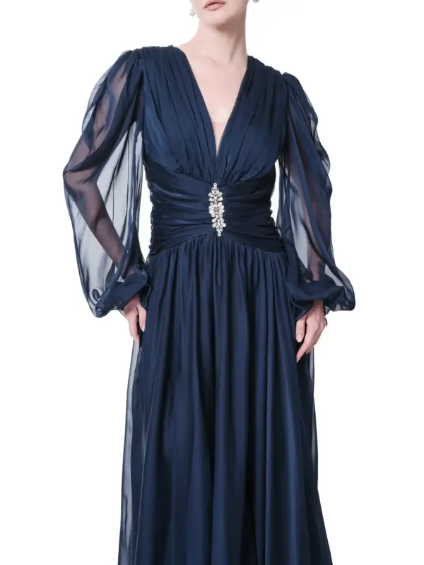 Long sleeve formal gown sheer waist detail