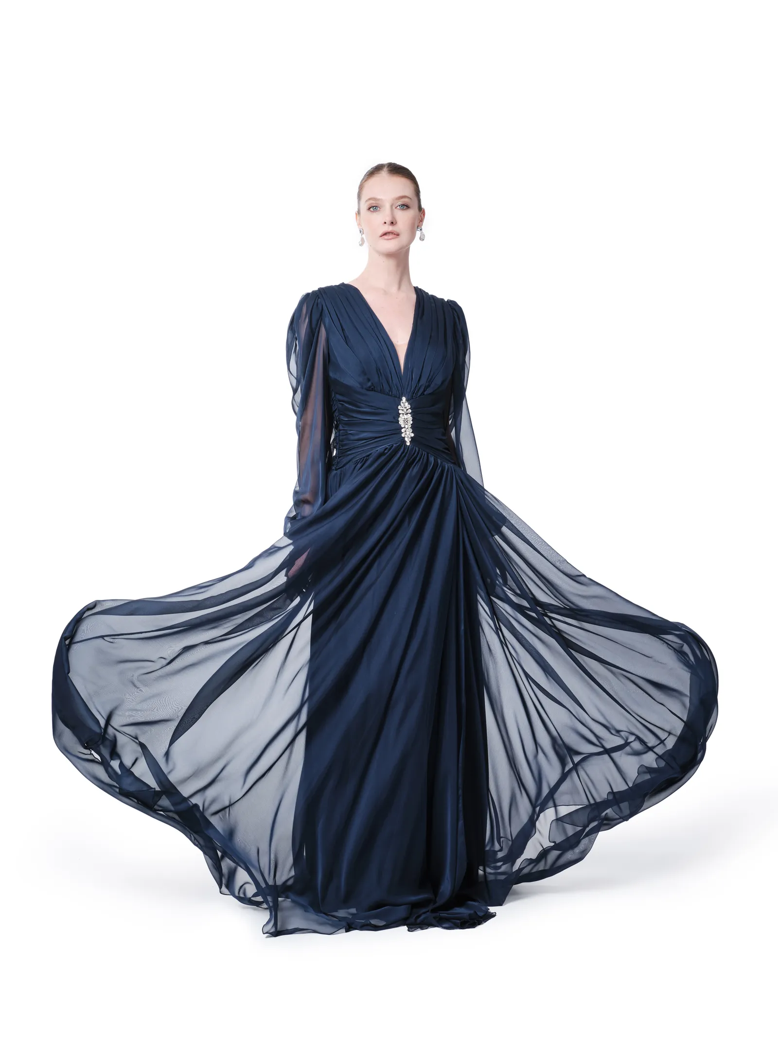 Long sleeve gown sheer crystal waist back