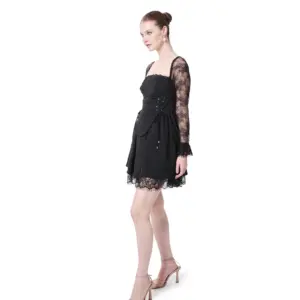 Long sleeve lace cocktail dress pleated detail