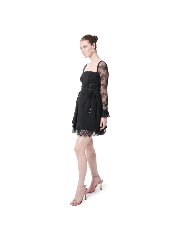 Long sleeve lace cocktail dress pleated detail