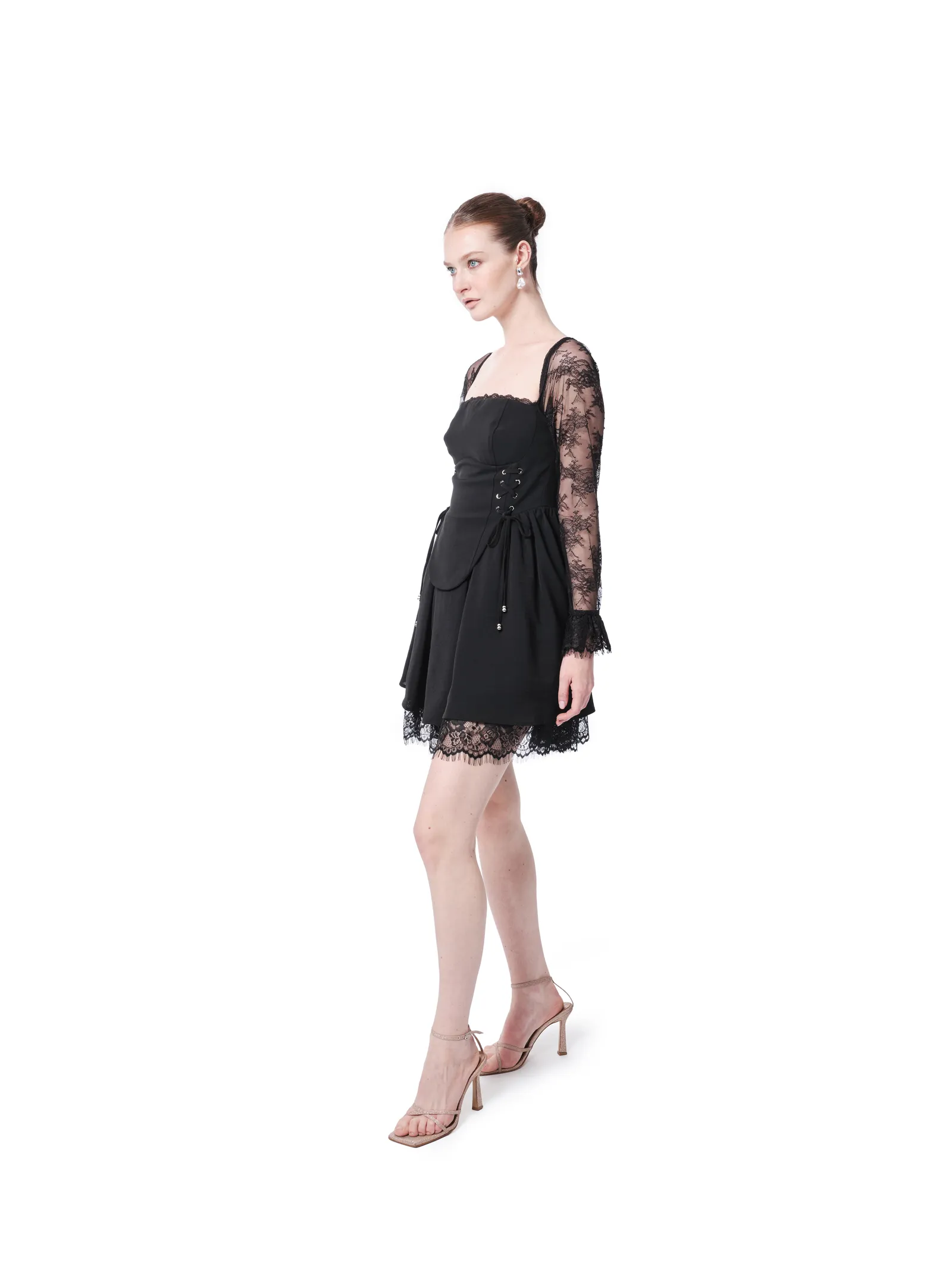 Long sleeve lace cocktail dress pleated detail