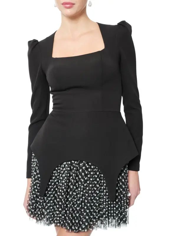 Long sleeve party dress polka dot puff shoulder