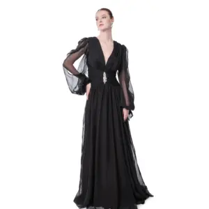 Long sleeve sheer evening gown with V-neck crystal waist and high slit