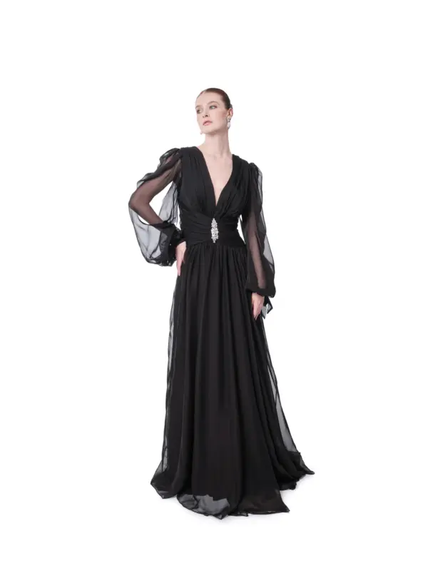 Black Long Sleeve Sheer Evening Gown Crystal Waist