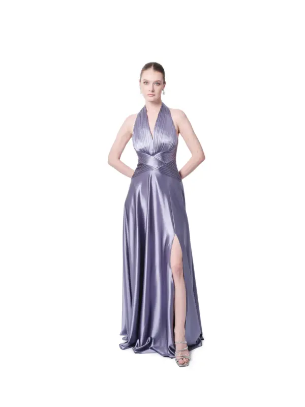 Metallic long evening dress halter neck with pleated design