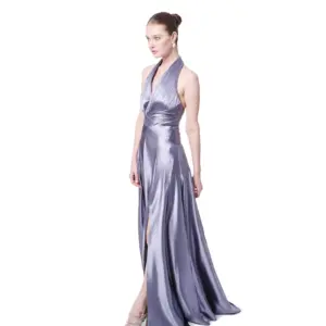 Metallic evening dress halter pleated skirt