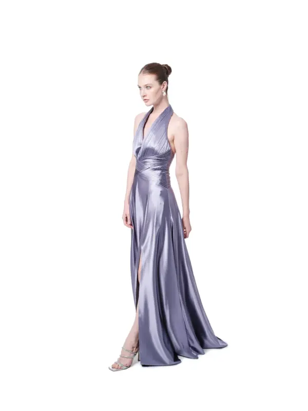 Metallic evening dress halter pleated skirt