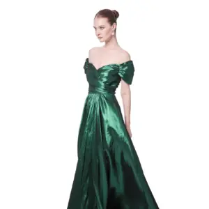 Metallic evening gown off shoulder pleated