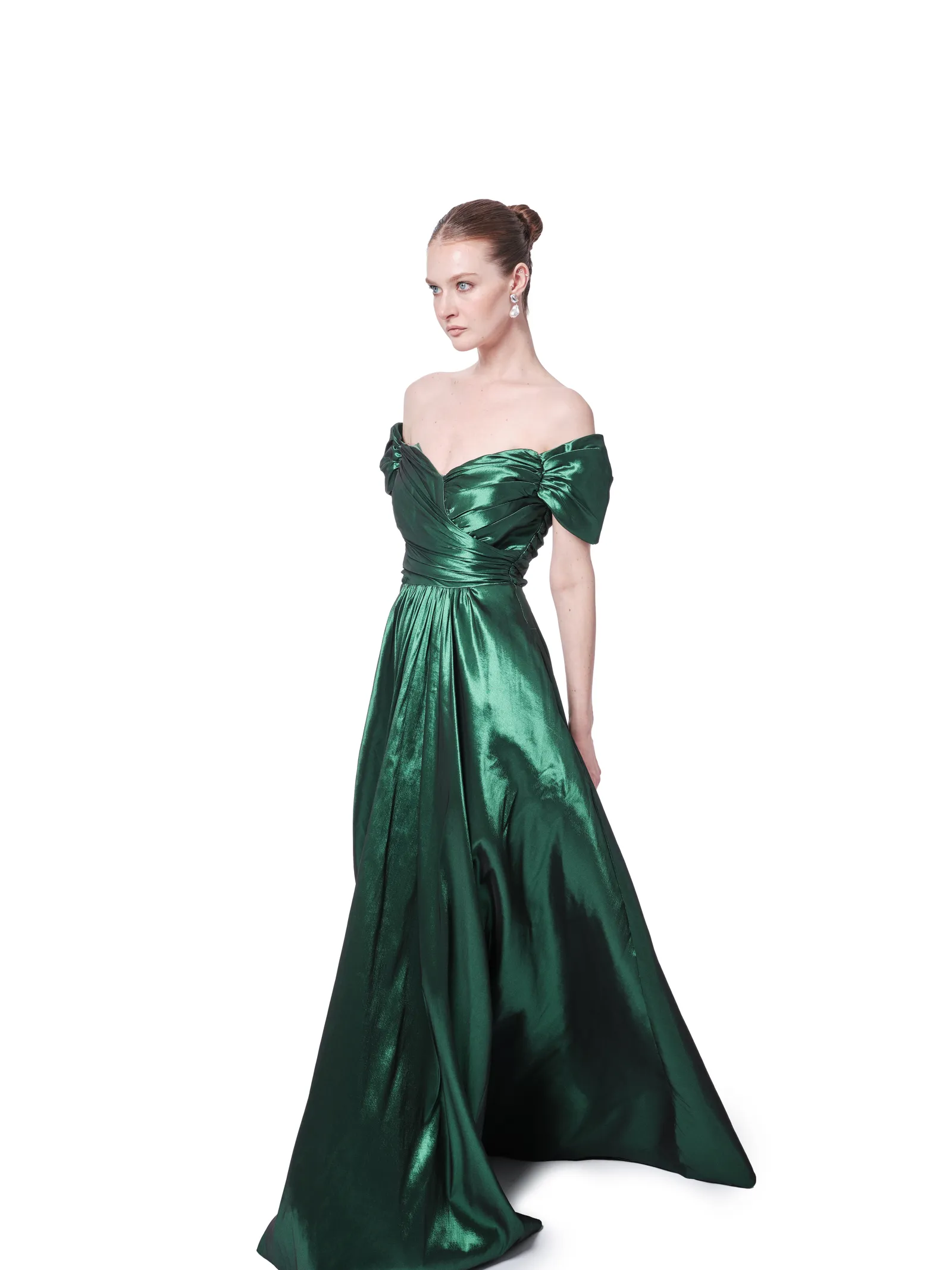 Metallic evening gown off shoulder pleated