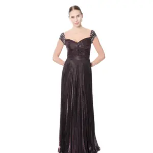 Metallic evening gown sweetheart neckline with crystal sleeves and pleats