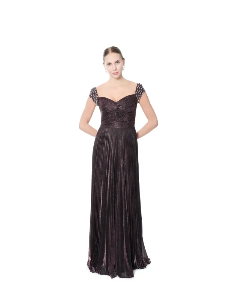 Metallic evening gown sweetheart neckline with crystal sleeves and pleats